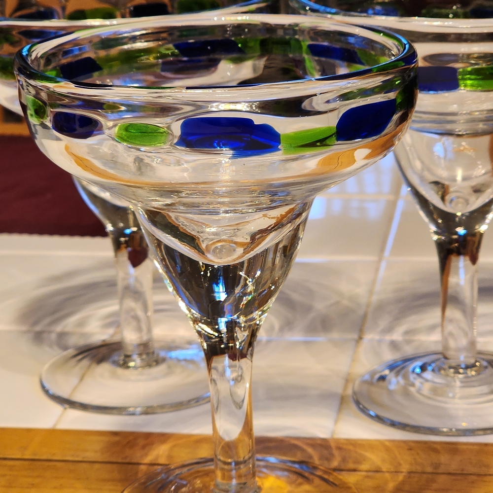 Set of 3 Mouth Blown Margarita Glasses, Royal Blue & Mint Green